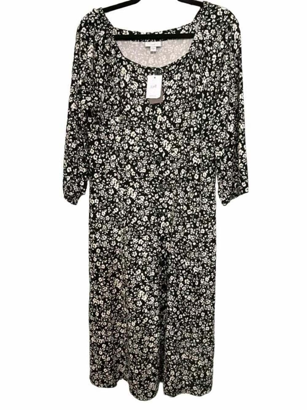 J.Jill Dress Size M Black Floral Button Front Midi Square Neck